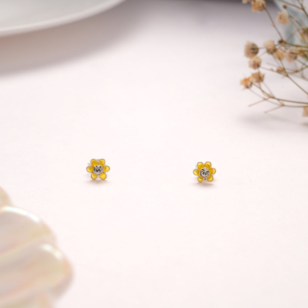 Dainty Yellow Daisy Crystal Silver Stud