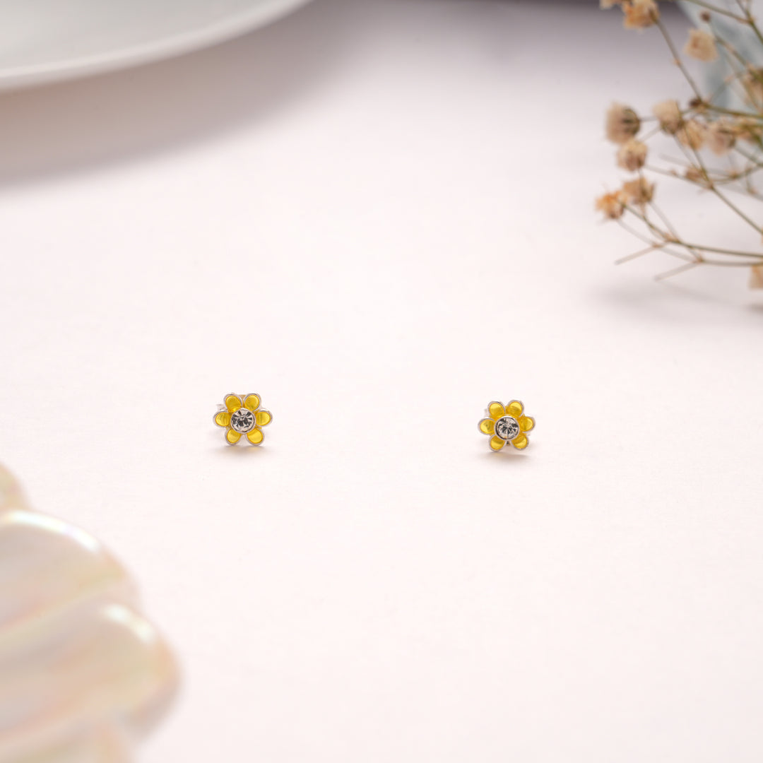 Dainty Yellow Daisy Crystal Silver Stud