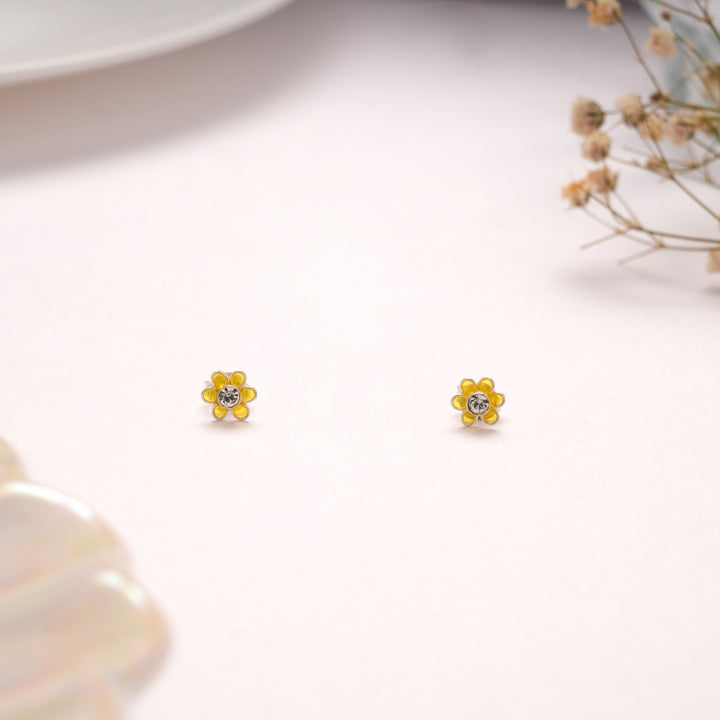 Dainty Yellow Daisy Crystal Silver Stud