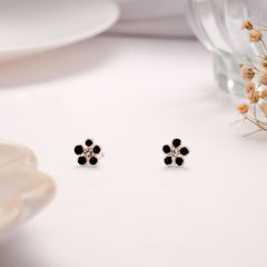 Elegant Black Floral Enamel Silver Stud