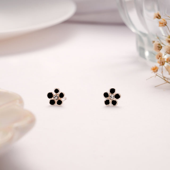 Elegant Black Floral Enamel Silver Stud