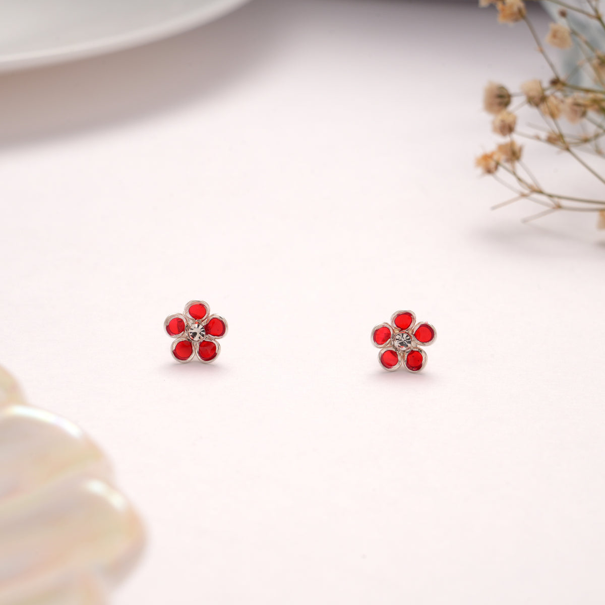 Vibrant Red Enamel Daisy Silver Stud