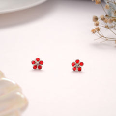 Vibrant Red Enamel Daisy Silver Stud