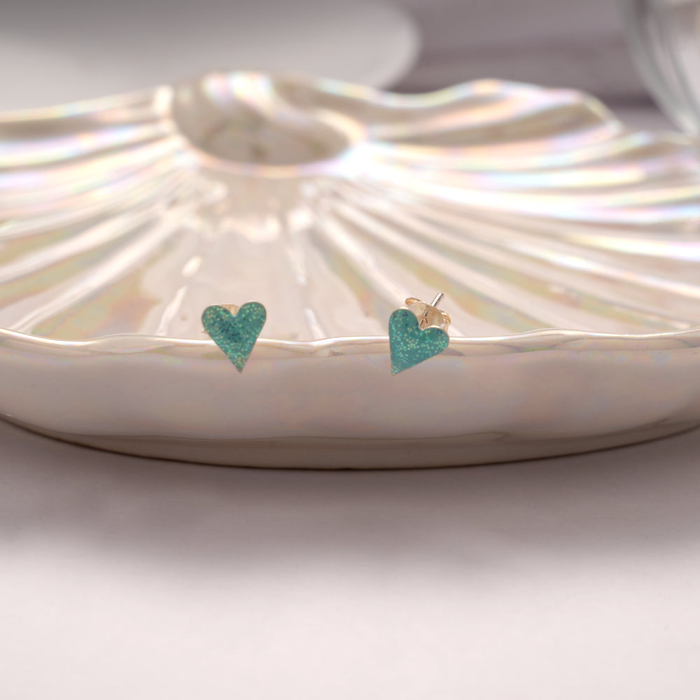 Shining Blue Enamel Heart Silver Stud