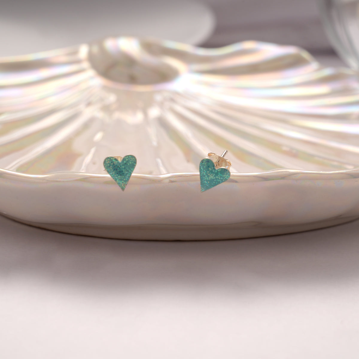 Shining Blue Enamel Heart Silver Stud