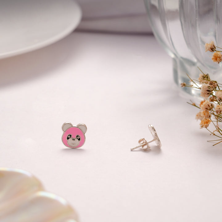 Fancy Pink Enamel Panda Silver Stud