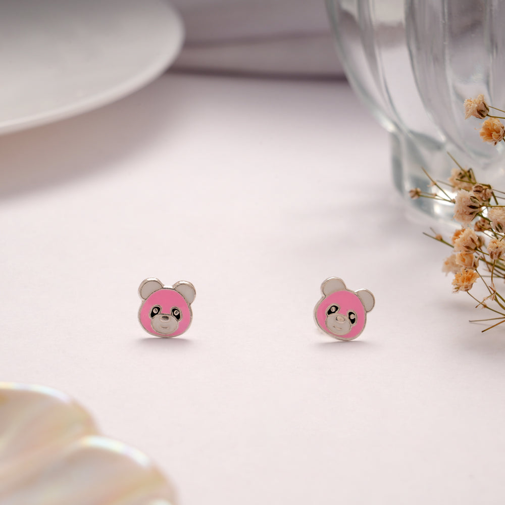 Fancy Pink Enamel Panda Silver Stud