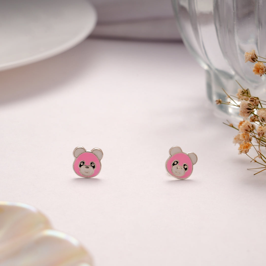 Fancy Pink Enamel Panda Silver Stud