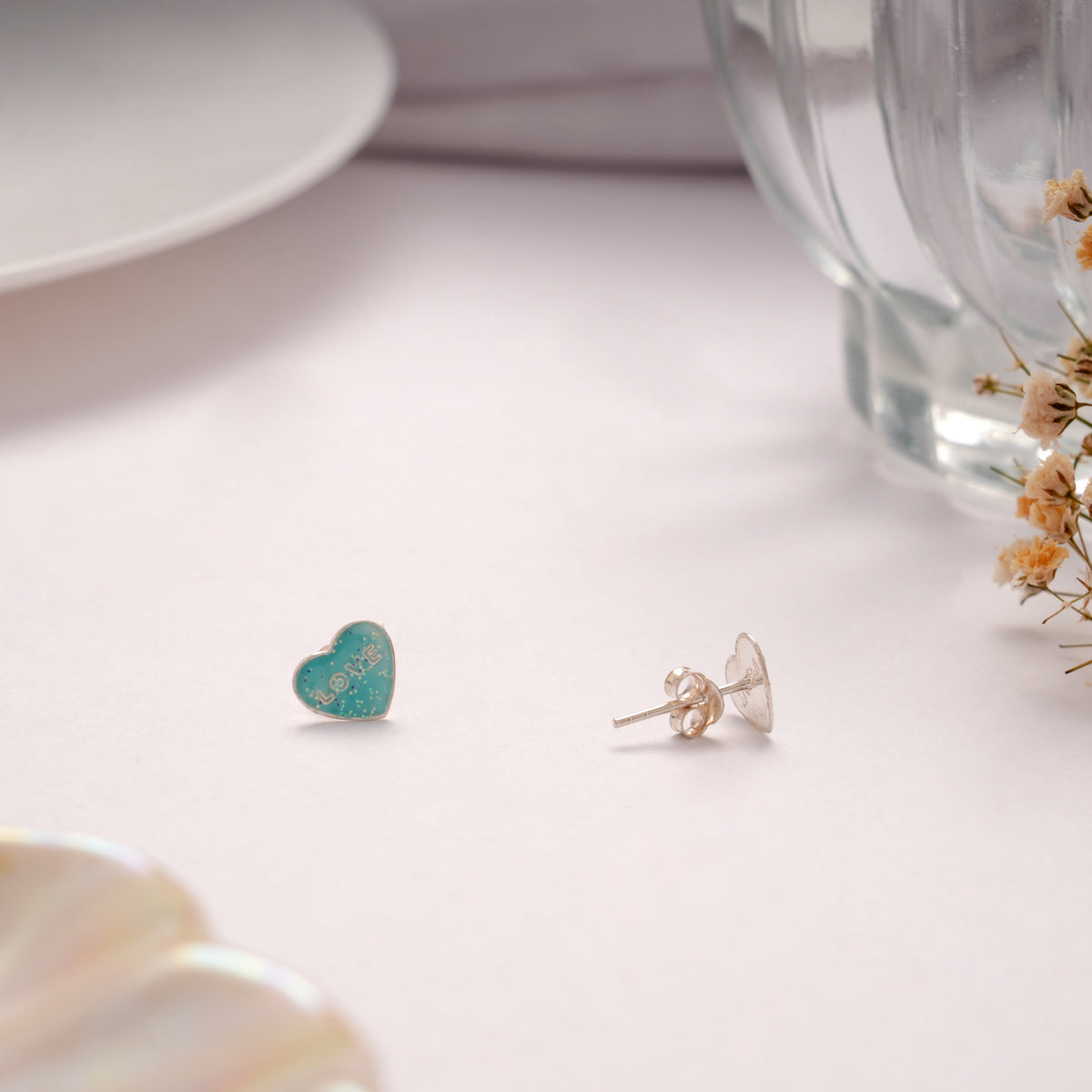 Sparkling Blue Enamel Heart Silver Stud