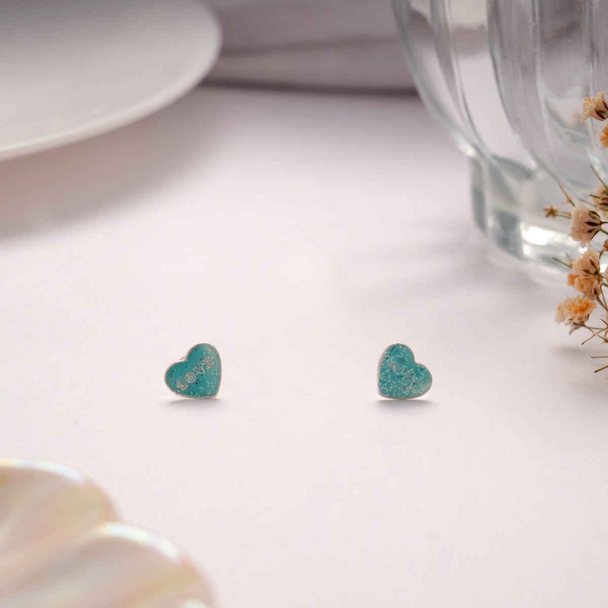 Sparkling Blue Enamel Heart Silver Stud