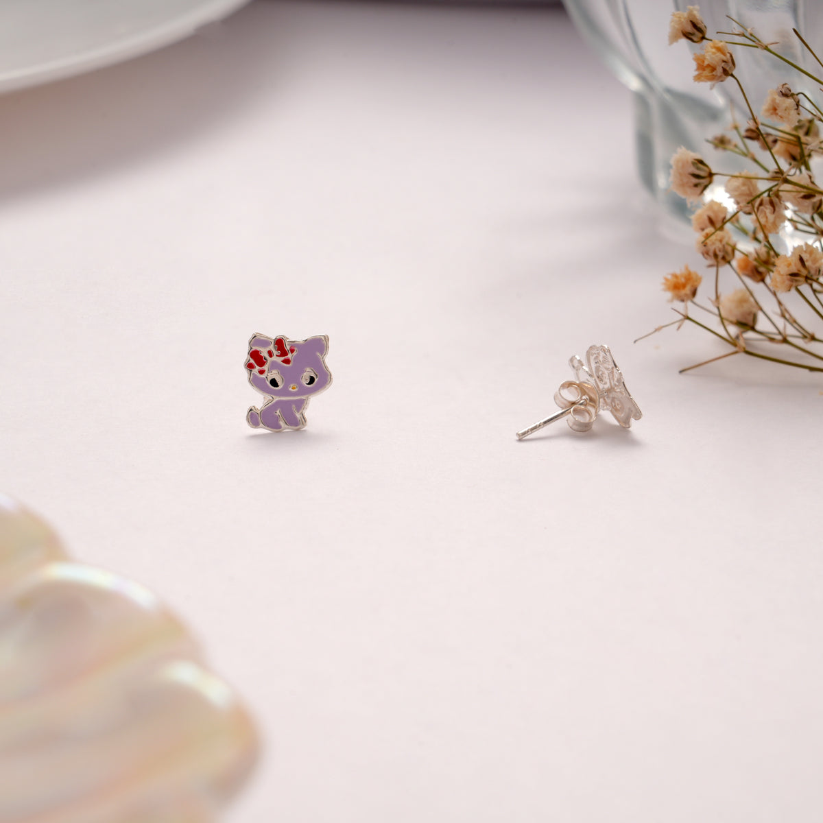 Funny Purple Kitty Enamel Silver Stud