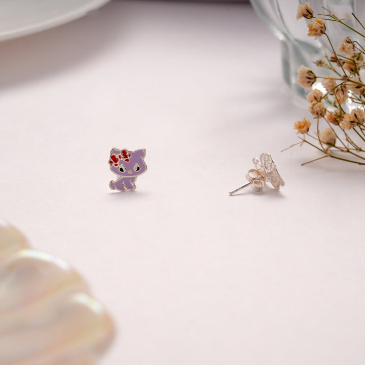 Funny Purple Kitty Enamel Silver Stud