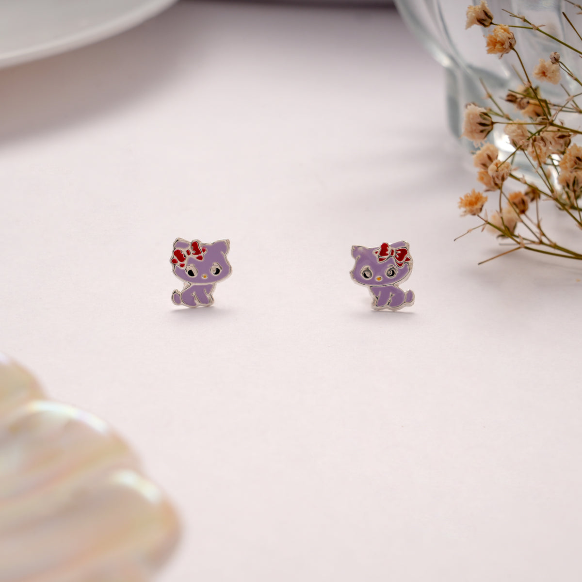 Funny Purple Kitty Enamel Silver Stud