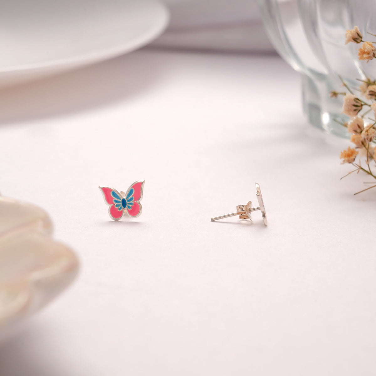 Dual Color Enamel Butterfly Silver Stud