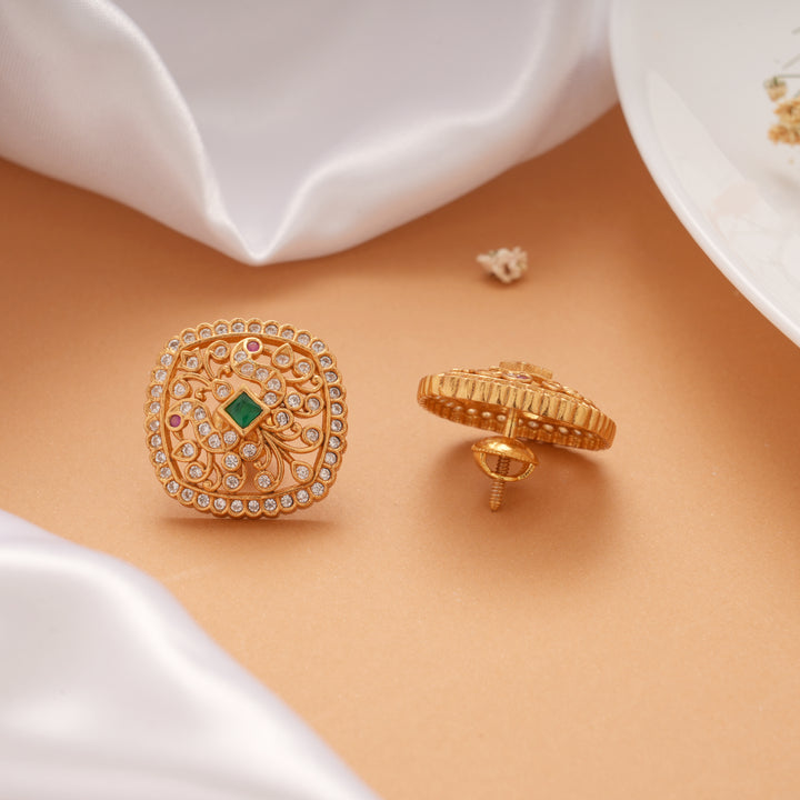 Ethnic Peacock Design Emerald Stone Golden Stud