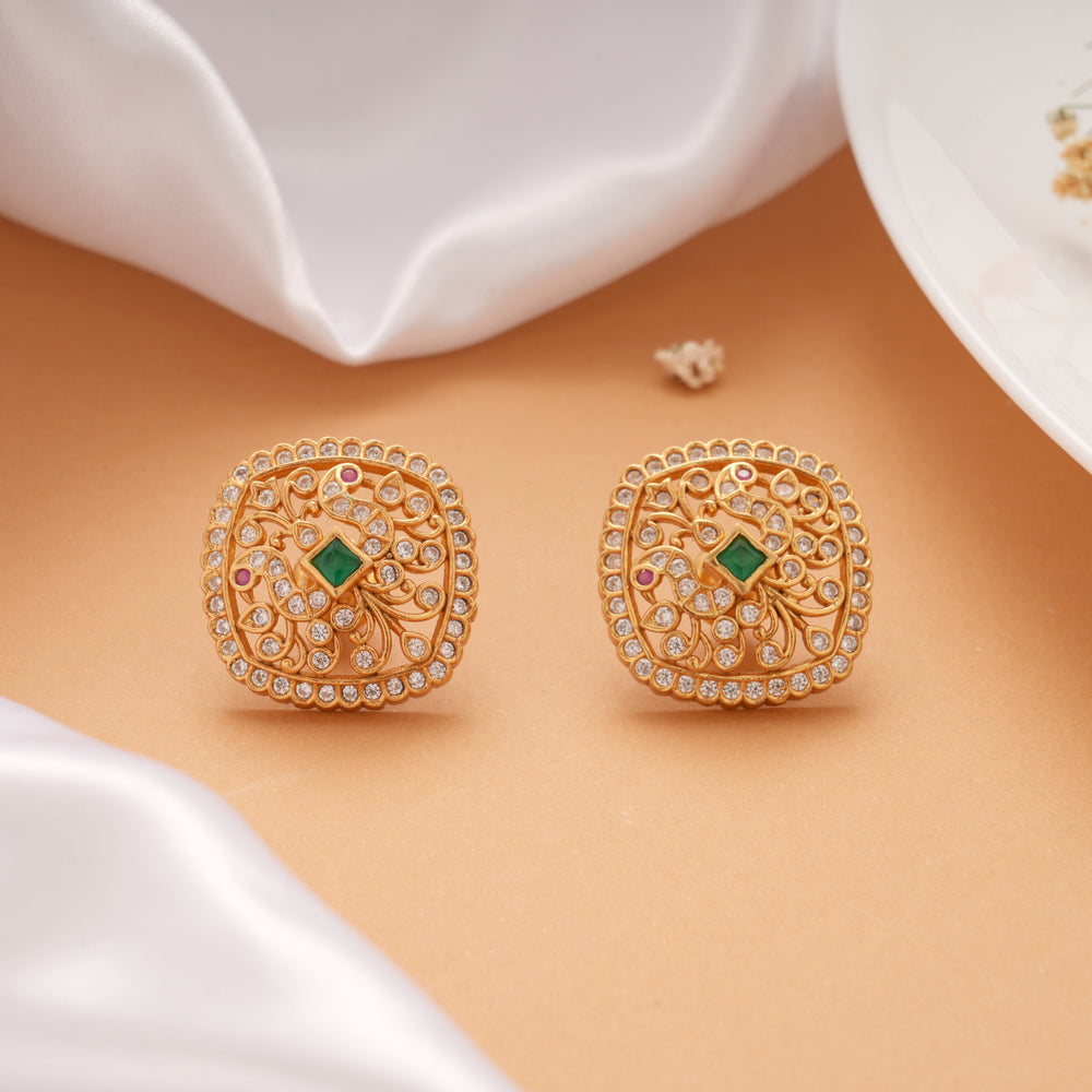 Ethnic Peacock Design Emerald Stone Golden Stud