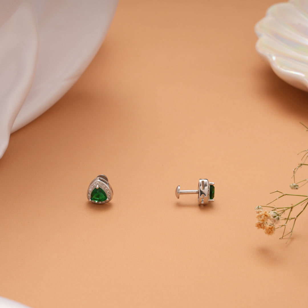 Tiny Emerald with White Stone Silver Stud