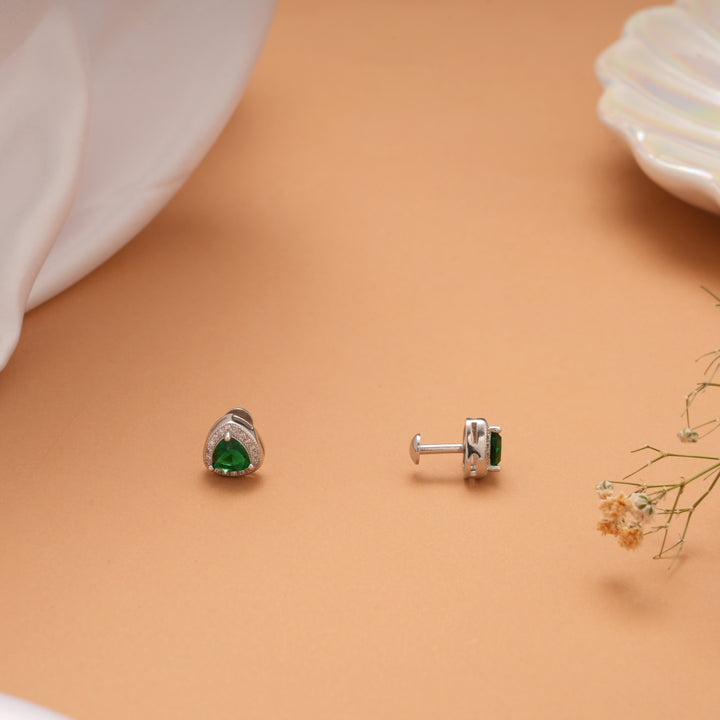 Tiny Emerald with White Stone Silver Stud