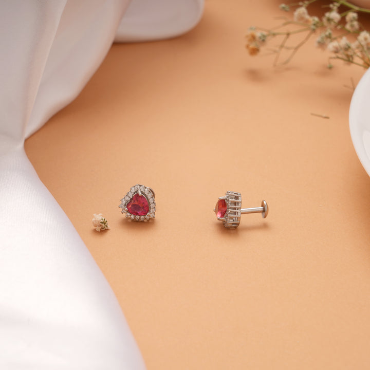 Lovely Red Heart with White Stone Silver Stud