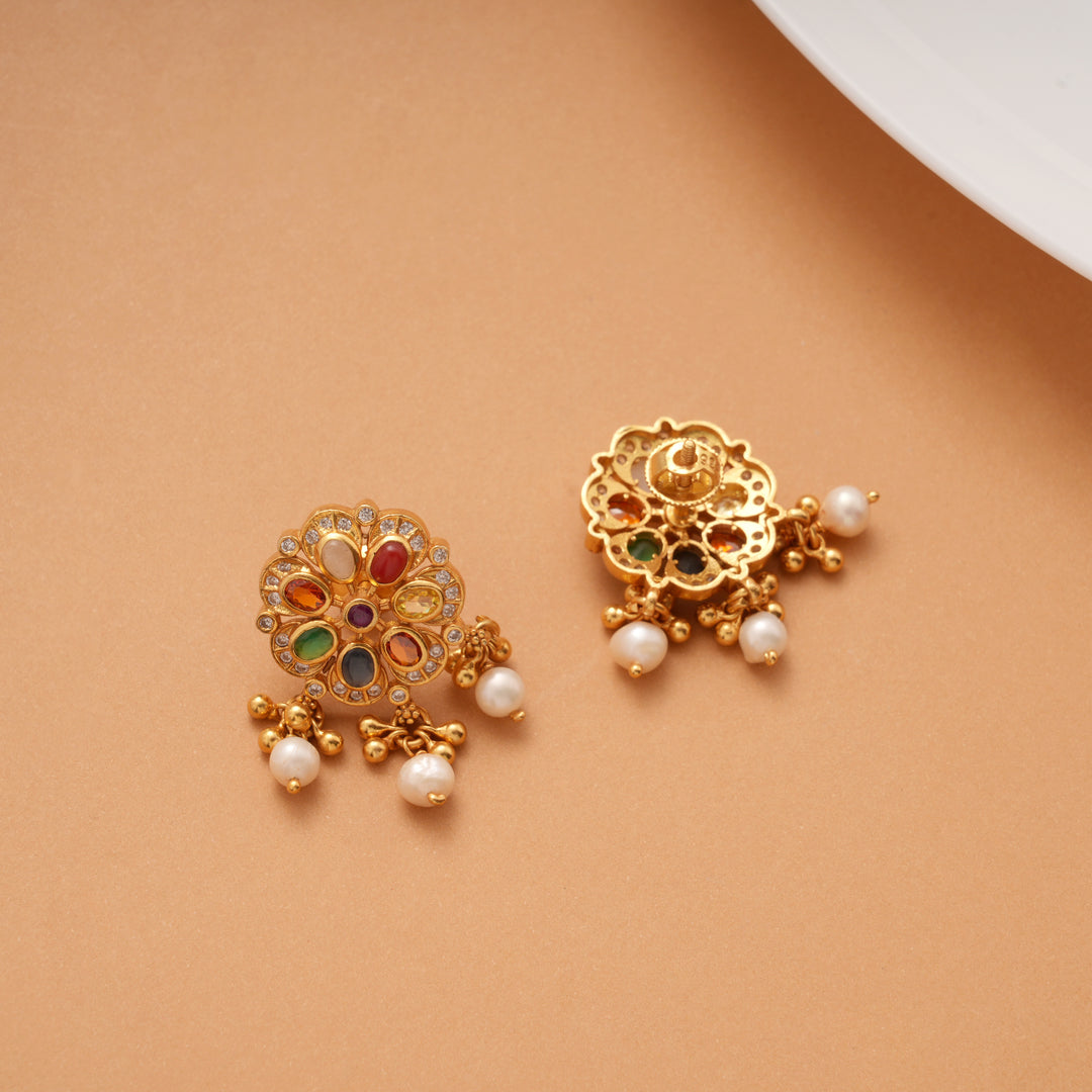 Modern Multi Stone Pearl Drops Golden Earring