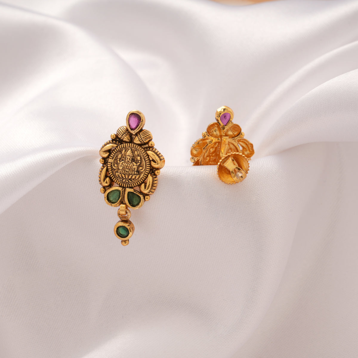 Antique Pink with Green Stone Lakshmi Golden Earring