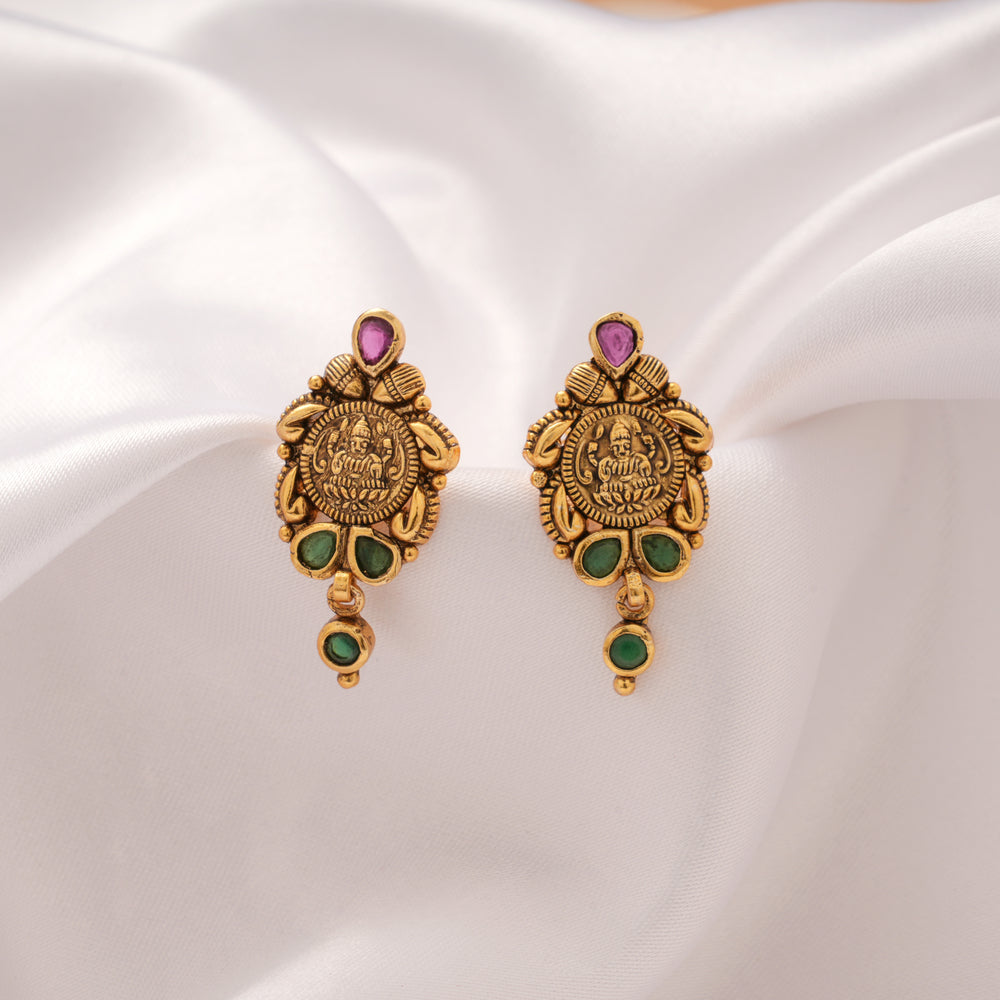 Antique Pink with Green Stone Lakshmi Golden Earring