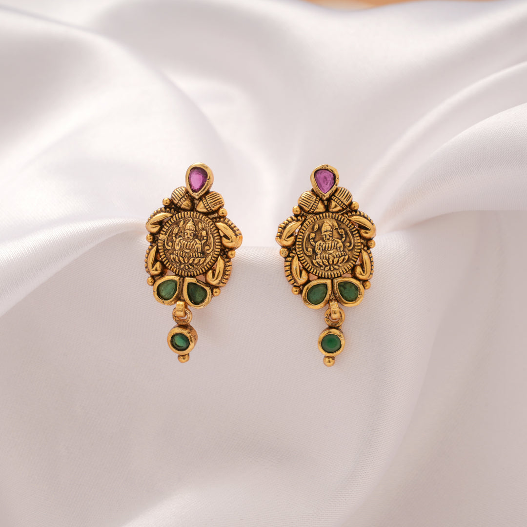 Antique Pink with Green Stone Lakshmi Golden Earring