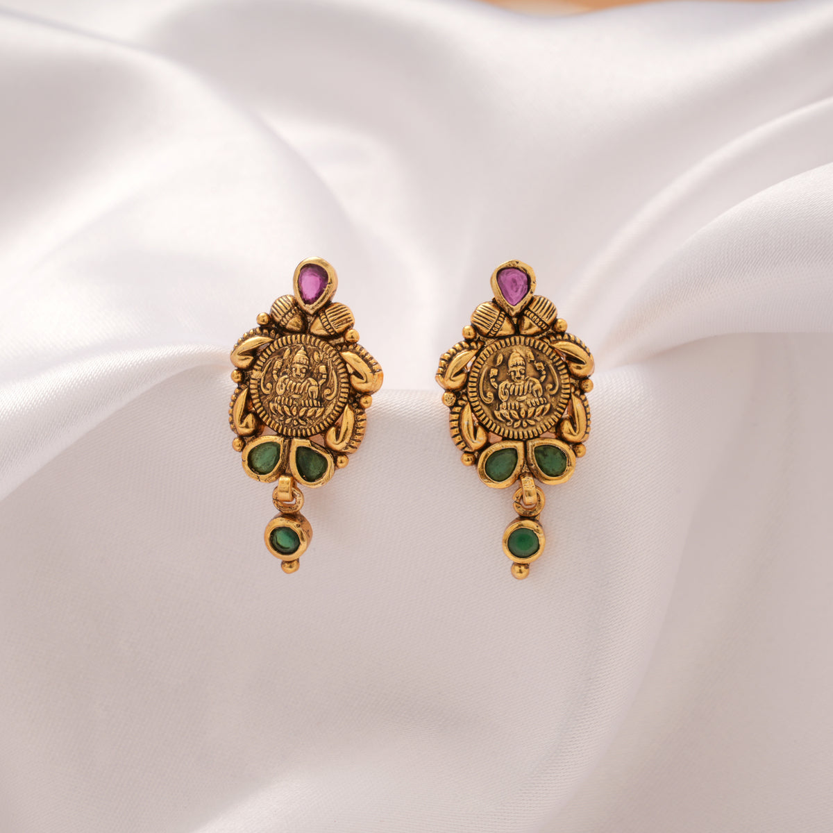 Antique Pink with Green Stone Lakshmi Golden Earring