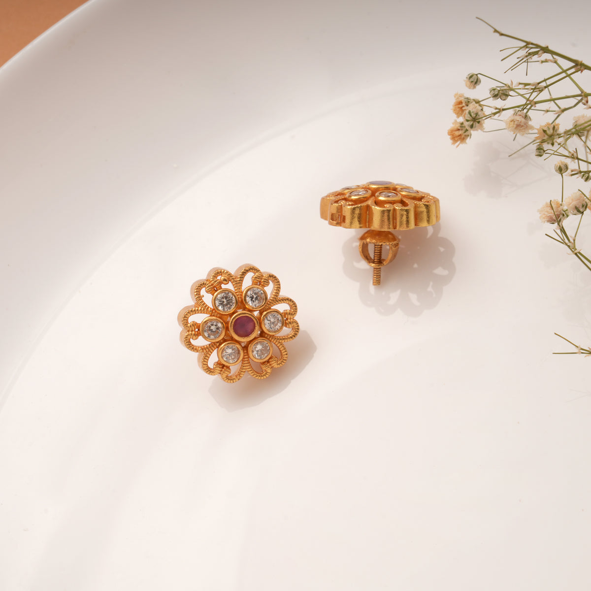 Heritage Flower Ruby White Stone Golden Stud