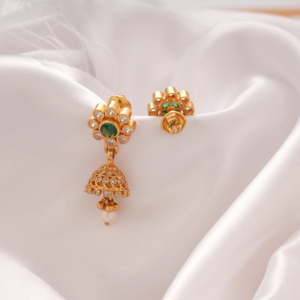 Ethnic Emerald Stone Pearl Drops Golden Jhumka