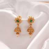 Ethnic Emerald Stone Pearl Drops Golden Jhumka