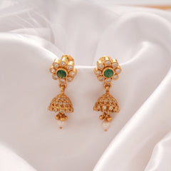 Ethnic Emerald Stone Pearl Drops Golden Jhumka