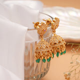 Royal white Stone with Green Bead Drops Golden Jhumka