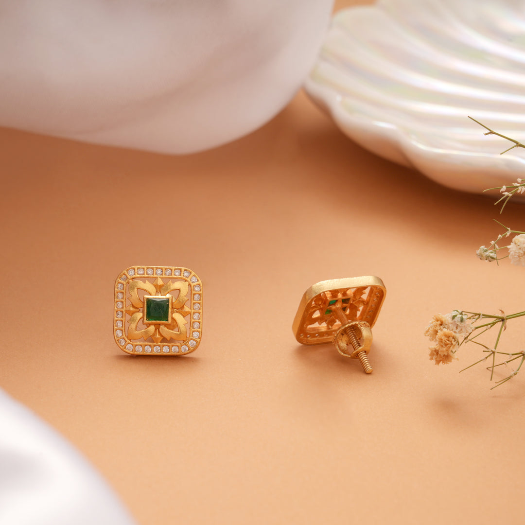 Modern Square Shaped Green White Stone Golden Stud