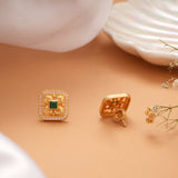 Modern Square Shaped Green White Stone Golden Stud