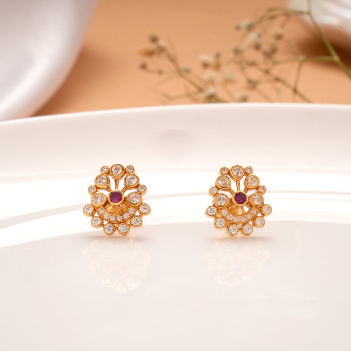 Ethnic Ruby White Stone Golden Stud