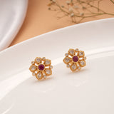 Floral Ruby White Stone Stud Golden Earring
