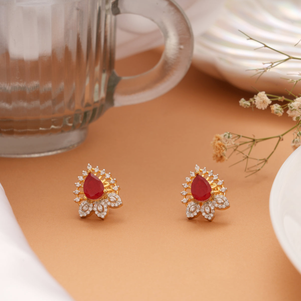 Premium Pear Ruby White Stone Golden Stud