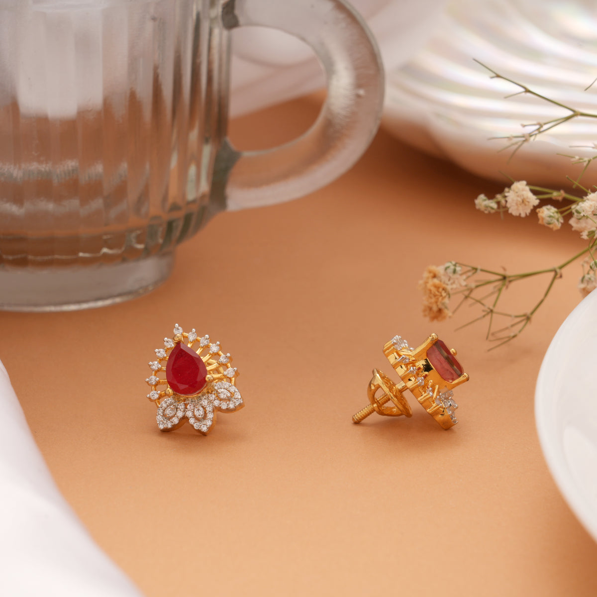 Premium Pear Ruby White Stone Golden Stud