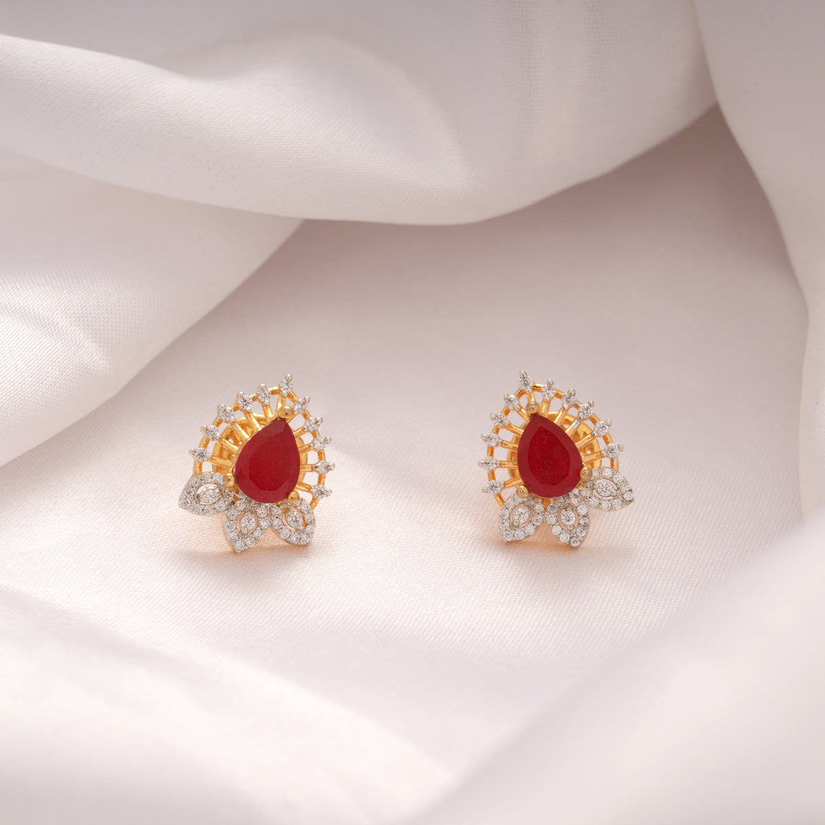 Premium Pear Ruby White Stone Golden Stud