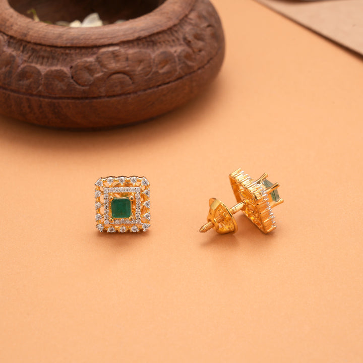 Heritage Square Emerald Stone Golden Stud