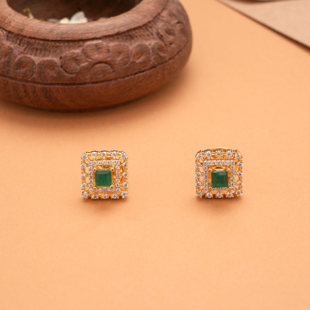 Heritage Square Emerald Stone Golden Stud