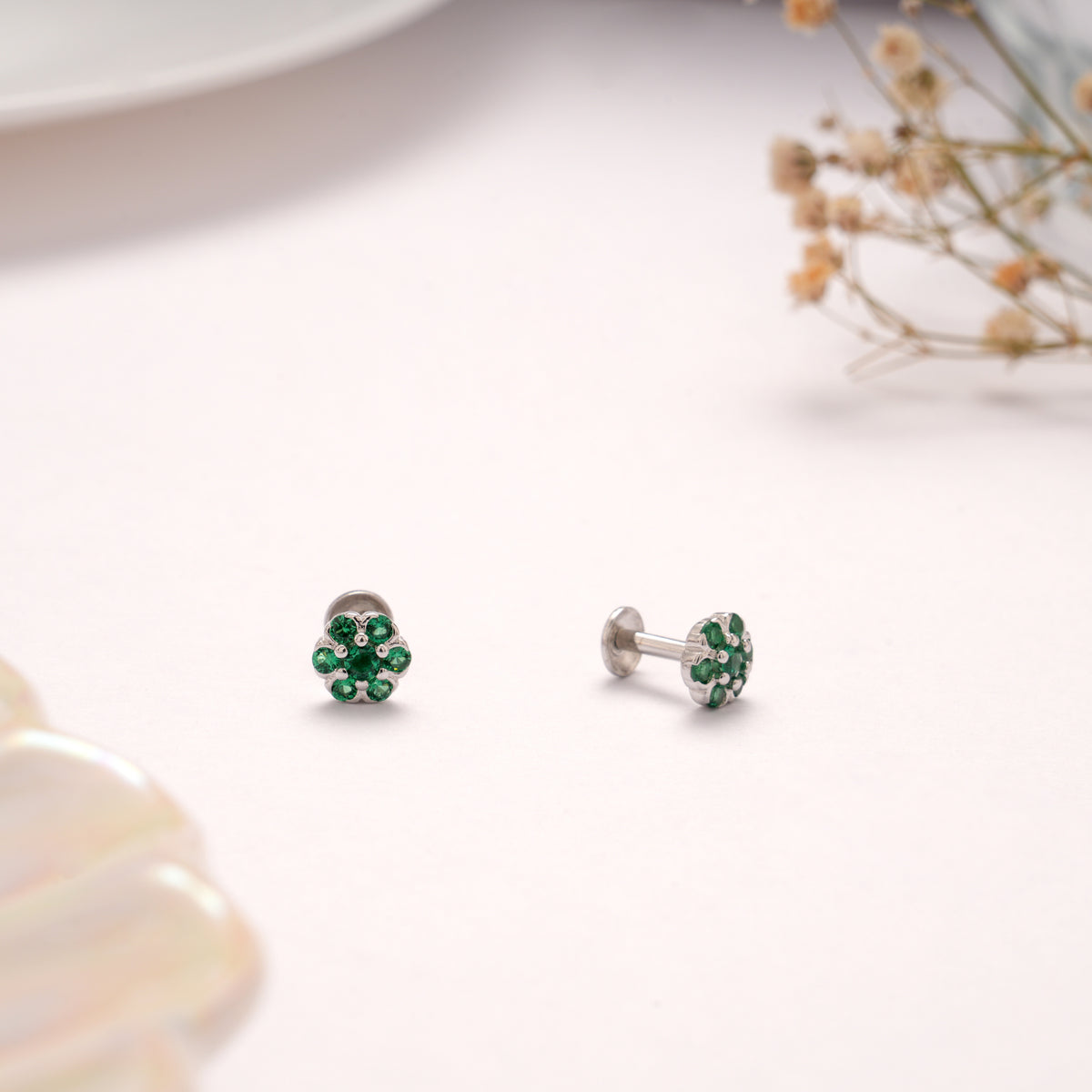 Bright Green Stone Blossom Silver Stud