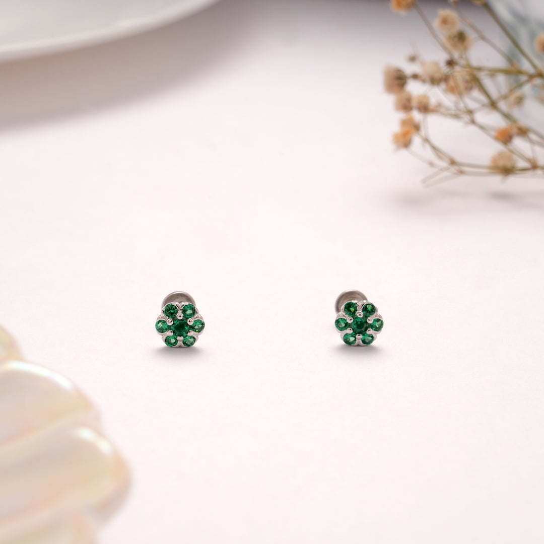 Bright Green Stone Blossom Silver Stud