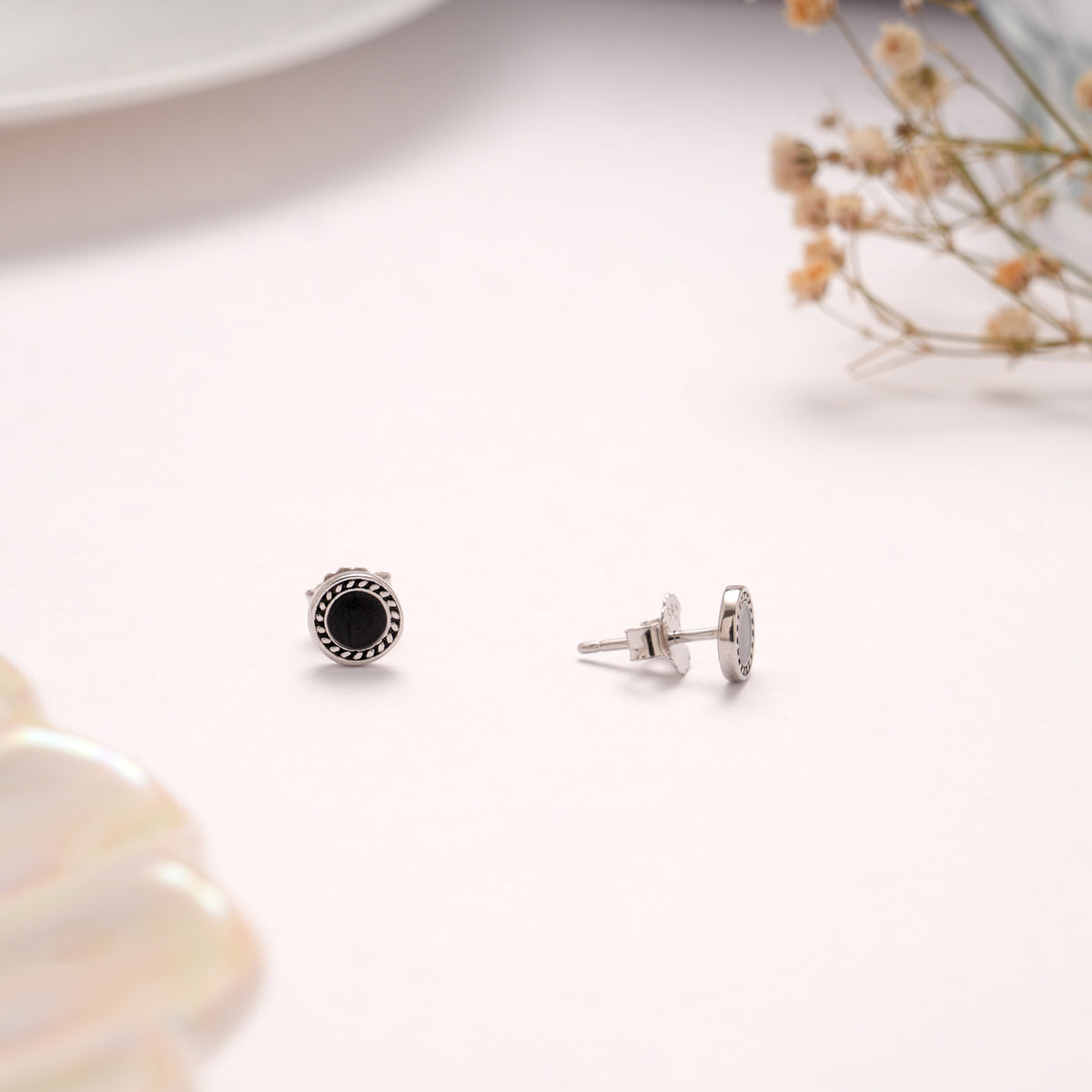 Dainty Round Black Enamel Silver Stud