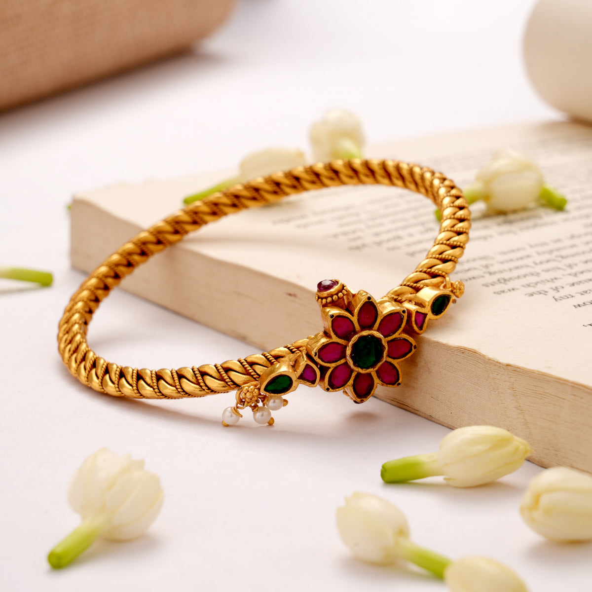 Ruby with Emerald Stone Twisted Golden Kada