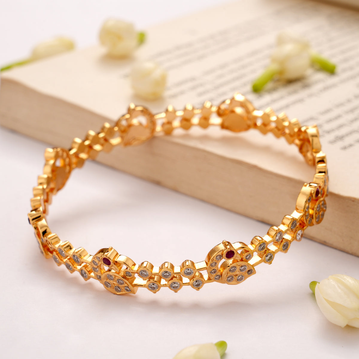 Trendy Vintage Peacock Design Stone Golden Bangle
