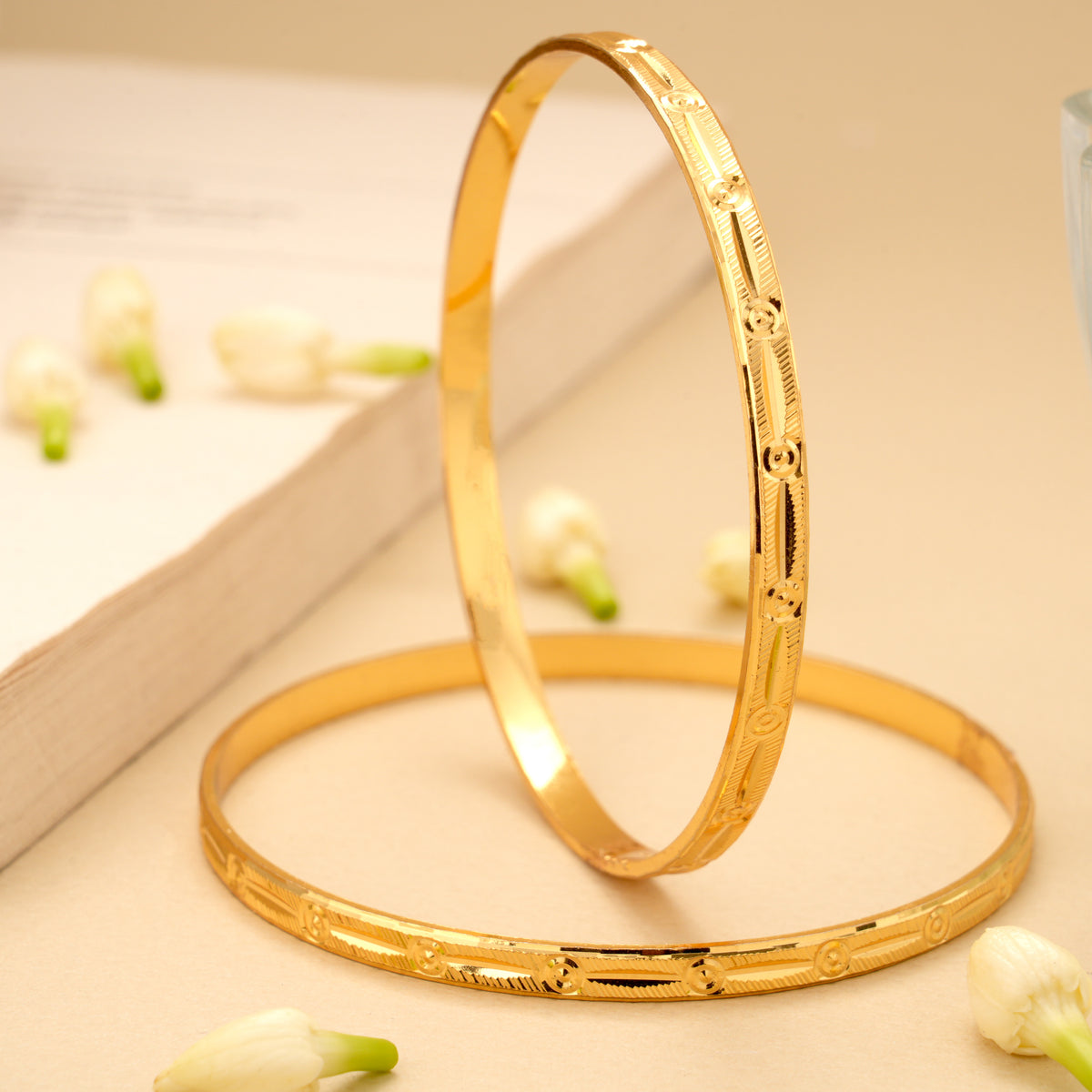 Floral Circle Pattern Gold Plated Bangles
