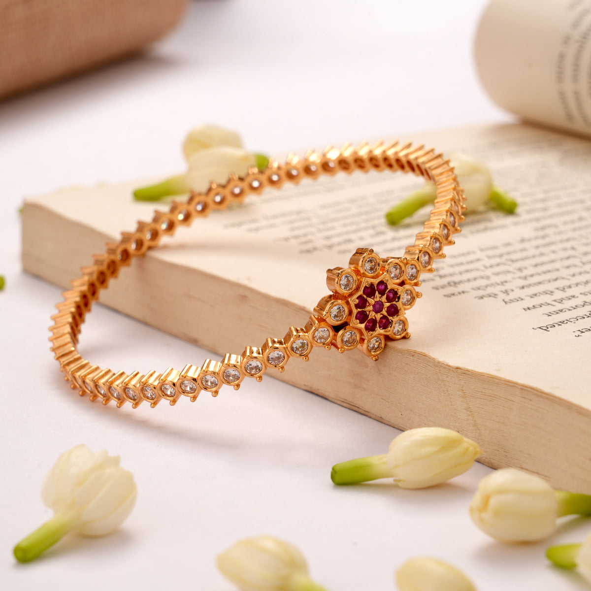 Ruby Floral with White Stone Golden Bracelet