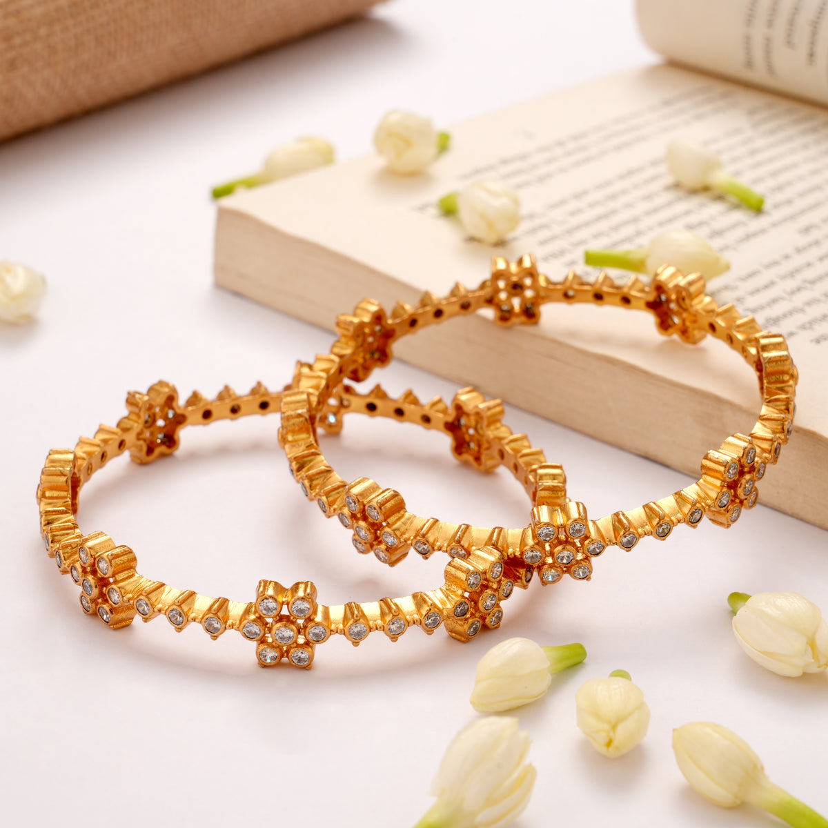Vintage White Stone Floral Golden Bangle